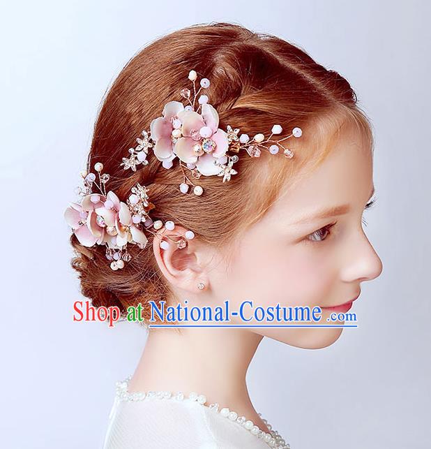 Handmade Children Hair Accessories Crystal Hair Stick, Princess Model Show Headwear Pink Flowers Hair Clasp for Kids