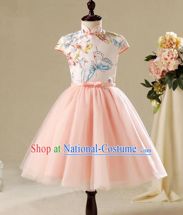 Children Modern Dance Costume Pink Cheongsam, Ceremonial Occasions Model Show Princess Veil Full Dress for Girls