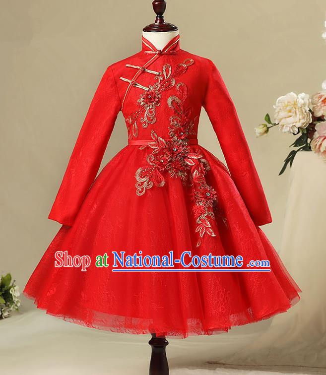 Children Modern Dance Costume Red Long Sleeve Cheongsam, Ceremonial Occasions Model Show Princess Veil Full Dress for Girls