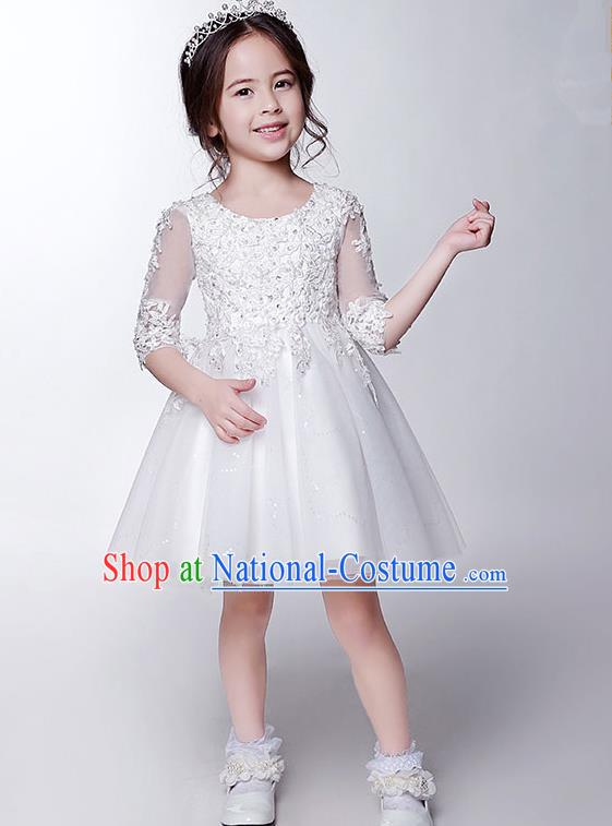 Children Modern Dance Costume White Beading Embroidery Dress, Ceremonial Occasions Model Show Princess Veil Short Full Dress for Girls