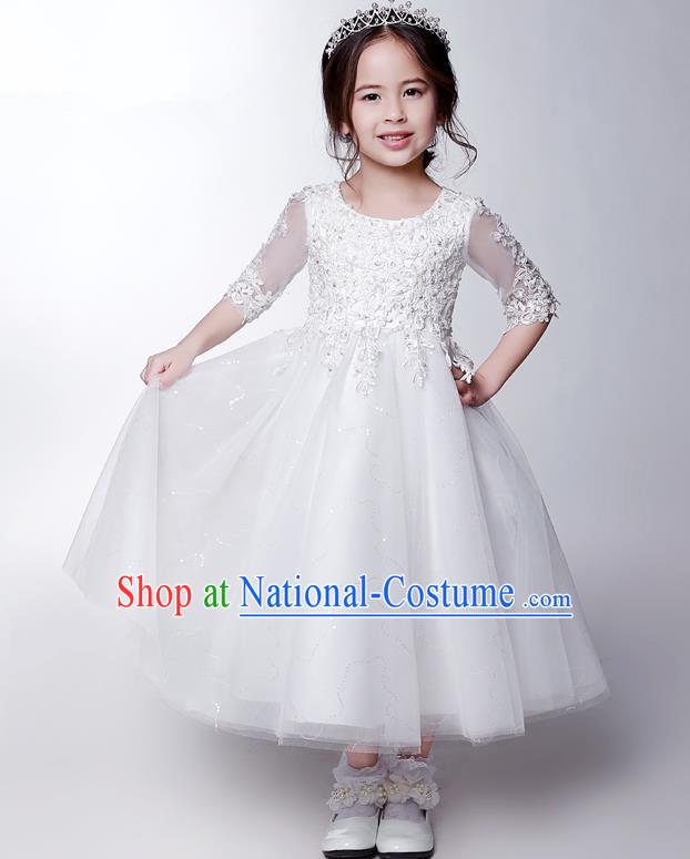 Children Modern Dance Costume White Beading Embroidery Dress, Ceremonial Occasions Model Show Princess Veil Long Full Dress for Girls