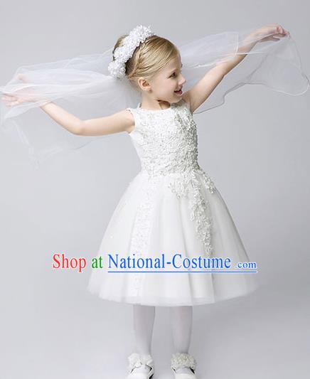 Children Modern Dance Costume White Embroidery Bubble Dress, Ceremonial Occasions Model Show Princess Veil Full Dress for Girls