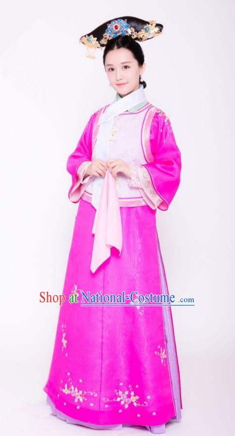 Traditional Chinese Ancient Palace Lady Costume and Handmade Headpiece Complete Set, Asian China Qing Dynasty Manchu Princess Embroidered Clothing