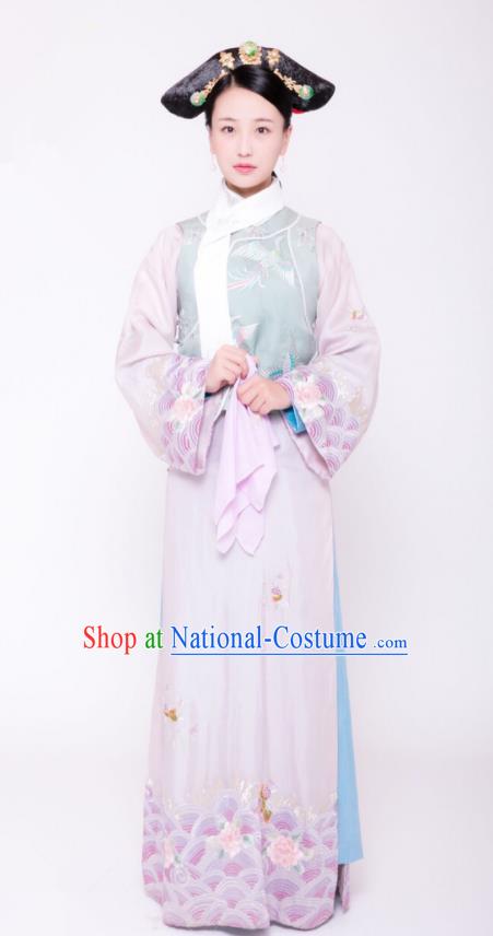 Traditional Chinese Ancient Palace Lady Costume, Qing Dynasty Manchu Court Maid Embroidered Clothing and Handmade Headpiece Complete Set