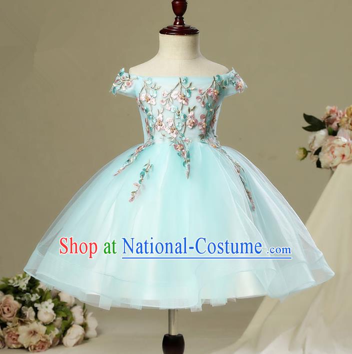 Children Modern Dance Costume Embroidery Christmas Green Veil Bubble Dress, Ceremonial Occasions Performance Princess Short Full Dress for Girls