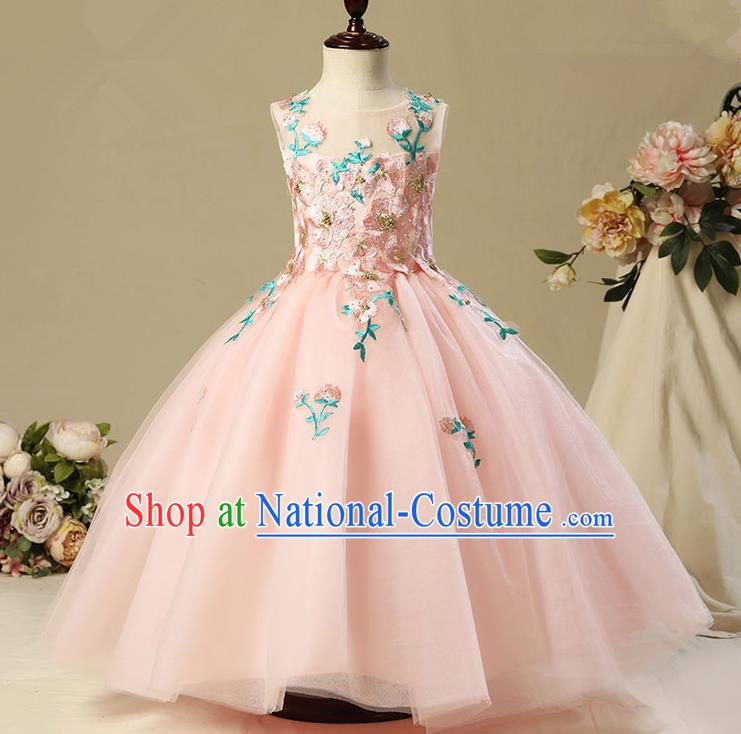 Children Modern Dance Costume Embroidery Christmas Pink Bubble Dress, Ceremonial Occasions Catwalks Princess Full Dress for Girls