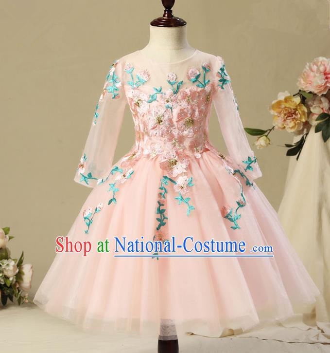 Children Model Show Dance Costume Embroidery Christmas Pink Long Sleeve Dress, Ceremonial Occasions Catwalks Princess Short Full Dress for Girls