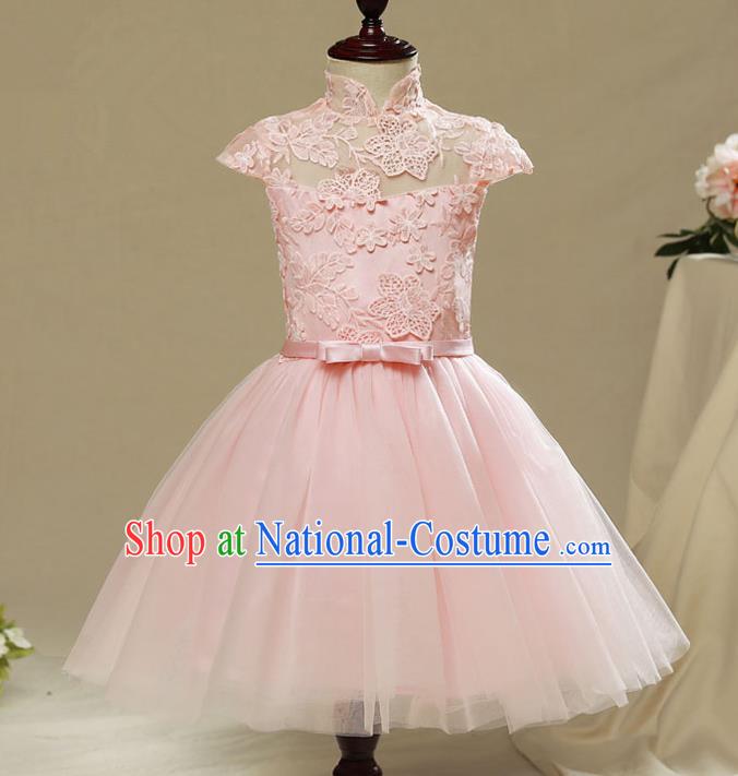 Children Model Show Dance Costume Pink Veil Lace Bubble Dress, Ceremonial Occasions Catwalks Princess Short Full Dress for Girls