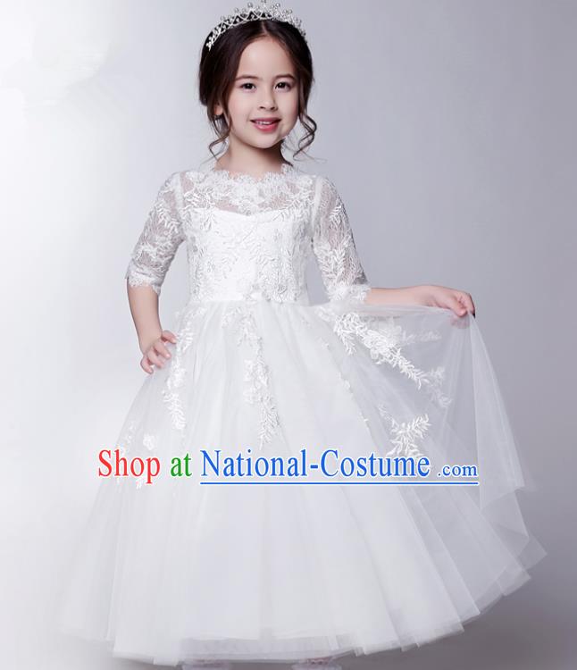 Children Model Show Dance Costume White Veil Lace Bubble Dress, Ceremonial Occasions Catwalks Princess Full Dress for Girls