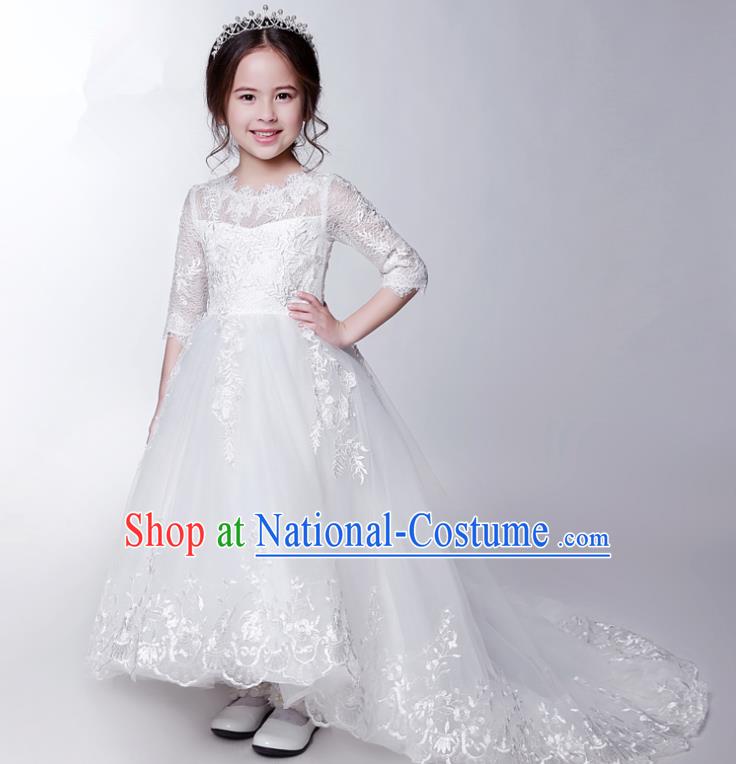 Children Model Show Dance Costume White Veil Trailing Dress, Ceremonial Occasions Catwalks Princess Full Dress for Girls