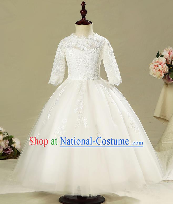 Children Model Show Dance Costume White Veil Dress, Ceremonial Occasions Catwalks Princess Full Dress for Girls