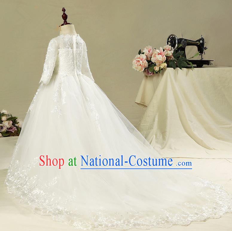 Children Model Show Dance Costume White Trailing Dress, Ceremonial Occasions Catwalks Princess Full Dress for Girls