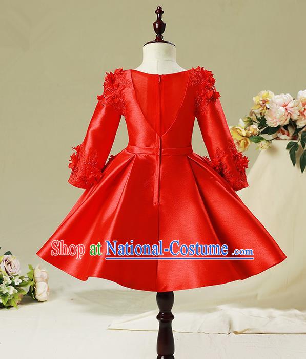 Top Compere Performance Catwalks Costume Children Chorus Red Dress with Wings Modern Dance Princess Short Red Bubble Dress for Girls Kids