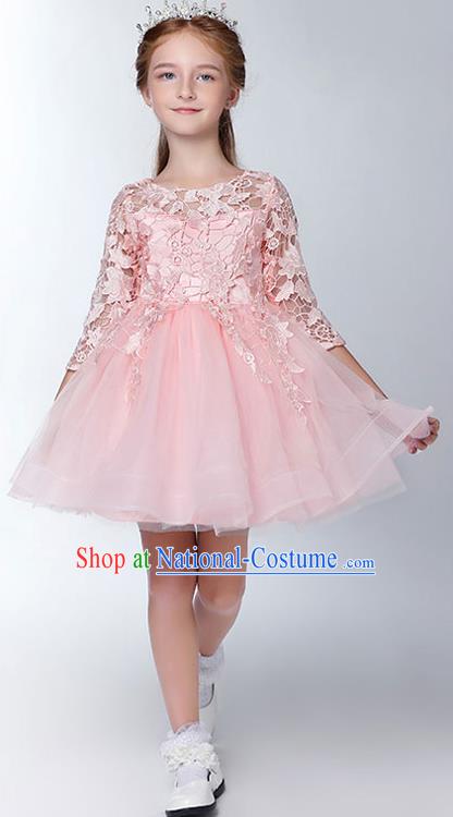 Children Model Show Dance Costume Embroidered Pink Lace Dress, Ceremonial Occasions Catwalks Princess Full Dress for Girls