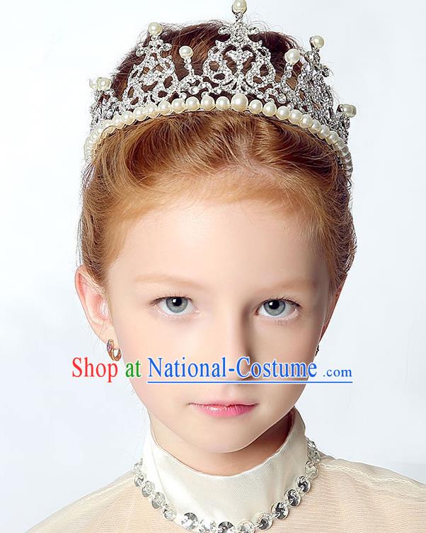 Handmade Children Hair Accessories Crystal Pearls Royal Crown, Princess Halloween Model Show Headwear for Kids