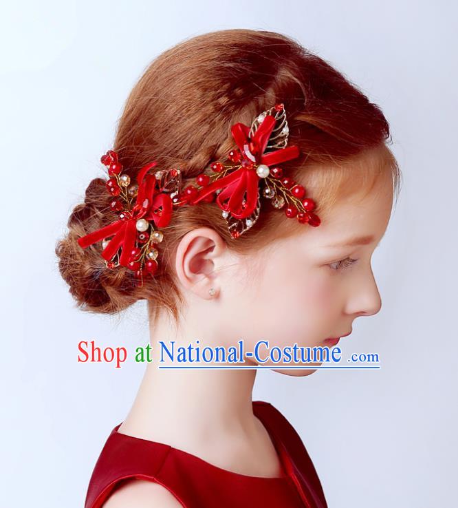 Handmade Children Hair Accessories Red Bowknot Pearls Hair Stick, Princess Halloween Model Show Headwear for Kids