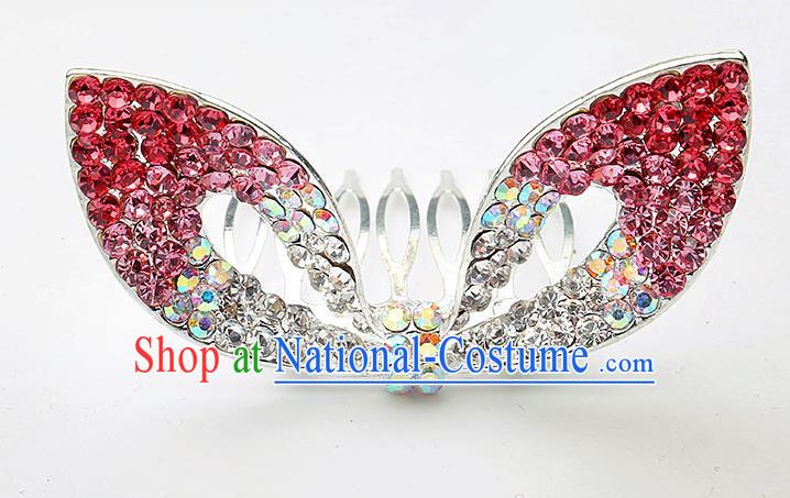 Handmade Children Hair Accessories Red Crystal Hair Comb, Princess Halloween Model Show Royal Crown Headwear for Kids