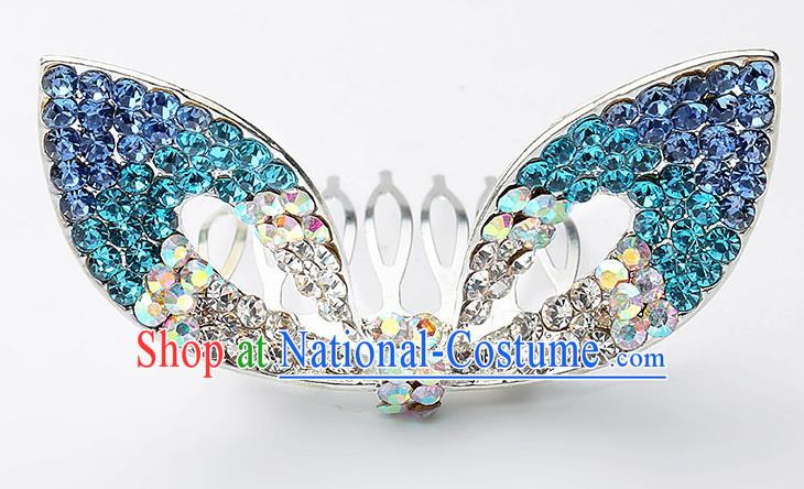 Handmade Children Hair Accessories Blue Crystal Hair Comb, Princess Halloween Model Show Royal Crown Headwear for Kids