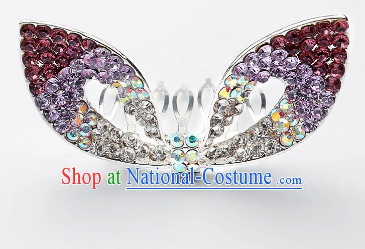 Handmade Children Hair Accessories Purple Crystal Hair Comb, Princess Halloween Model Show Royal Crown Headwear for Kids