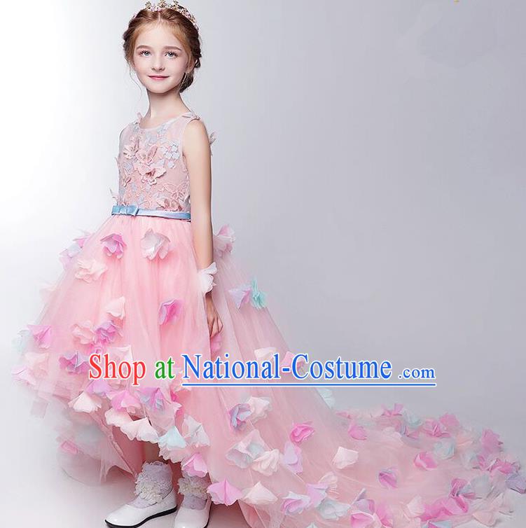 Children Christmas Model Show Dance Costume Flower Fairy Pink Trailing Dress, Ceremonial Occasions Catwalks Princess Full Dress for Girls