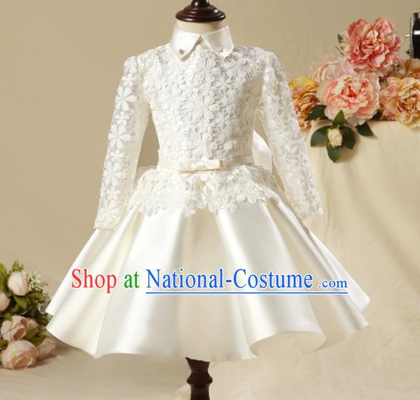 Children Model Show Dance Costume Embroidered White Lace Satin Dress, Ceremonial Occasions Catwalks Princess Full Dress for Girls