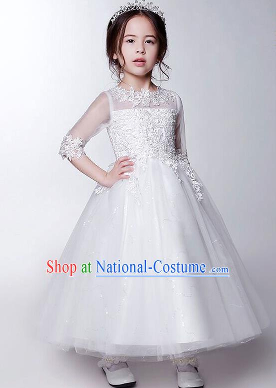 Children Model Show Dance Costume White Bubble Dress, Ceremonial Occasions Catwalks Princess Full Dress for Girls