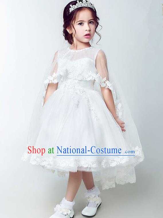 Children Christmas Model Show Dance Costume White Veil Bubble Dress, Ceremonial Occasions Catwalks Princess Full Dress for Girls