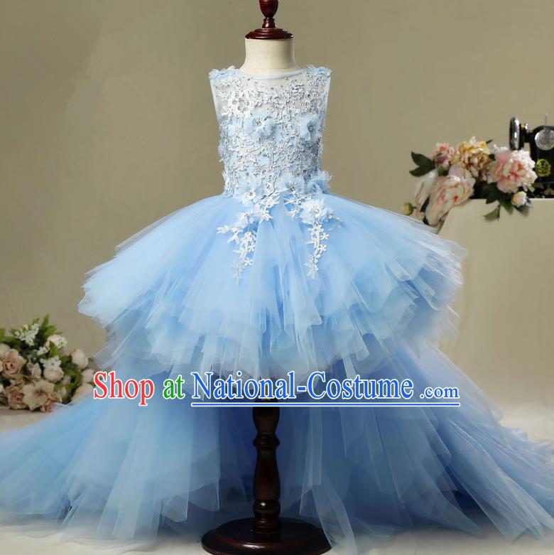 Children Christmas Model Show Dance Costume Blue Veil Trailing Dress, Ceremonial Occasions Catwalks Princess Full Dress for Girls