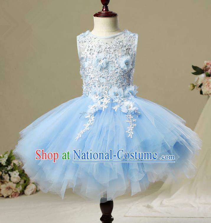 Children Christmas Model Show Dance Costume Blue Veil Bubble Dress, Ceremonial Occasions Catwalks Princess Full Dress for Girls