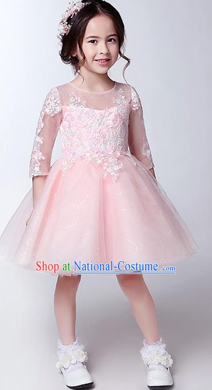 Children Christmas Model Show Dance Costume Pink Veil Bubble Dress, Ceremonial Occasions Catwalks Princess Full Dress for Girls