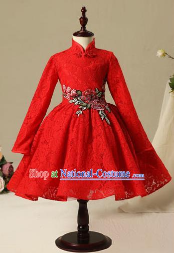 Children Christmas Model Show Dance Costume Red Lace Cheongsam, Ceremonial Occasions Catwalks Princess Full Dress for Girls