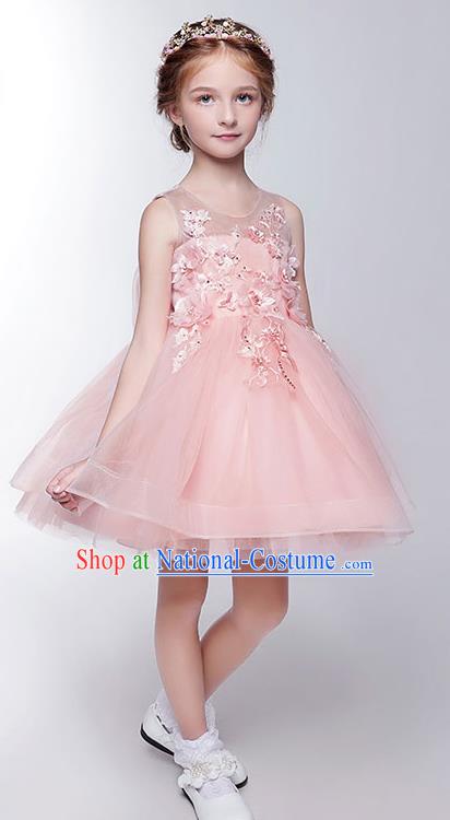 Children Christmas Model Show Dance Costume Pink Veil Dress, Ceremonial Occasions Catwalks Princess Full Dress for Girls