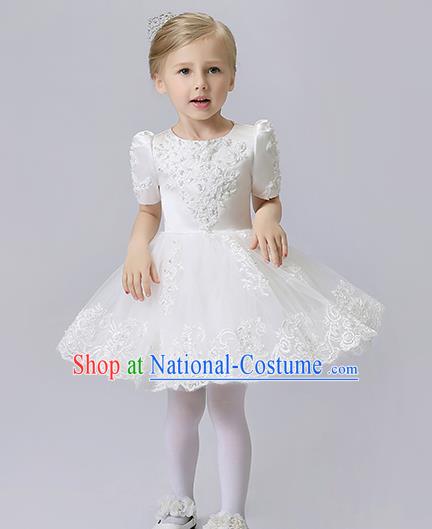 Children Model Show Dance Costume White Veil Bubble Dress, Ceremonial Occasions Catwalks Princess Full Dress for Girls