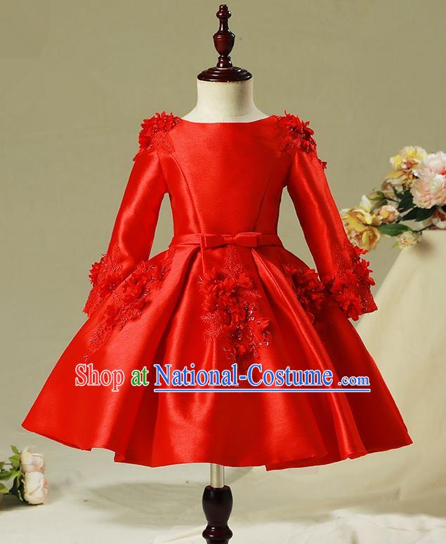 Children Model Show Dance Costume Red Embroidered Dress, Ceremonial Occasions Catwalks Princess Full Dress for Girls