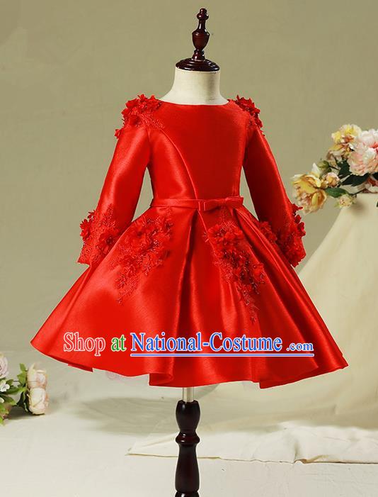 Top Compere Performance Catwalks Costume Children Chorus Red Dress with Wings Modern Dance Princess Short Red Bubble Dress for Girls Kids