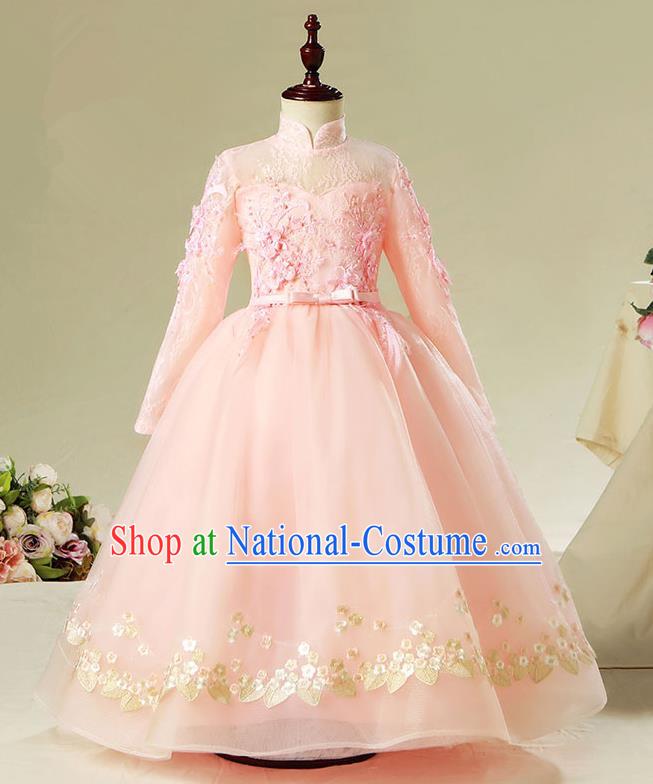 Children Model Show Dance Costume Pink Veil Dress, Ceremonial Occasions Catwalks Princess Full Dress for Girls