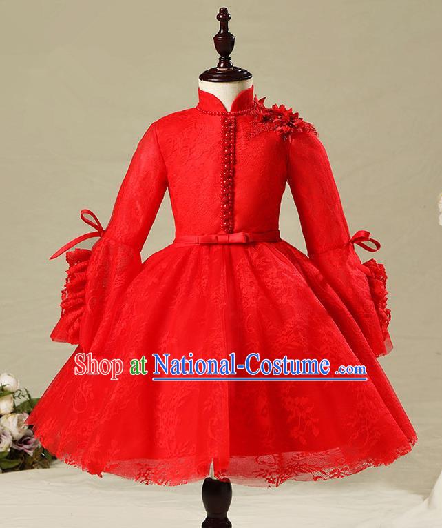 Children Model Show Dance Costume Red Veil Dress, Ceremonial Occasions Catwalks Princess Full Dress for Girls