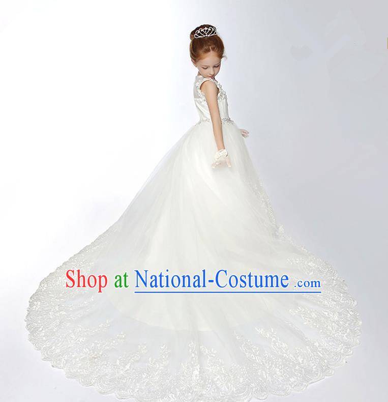 Children Model Show Dance Costume White Veil Trailing Dress, Ceremonial Occasions Catwalks Princess Full Dress for Girls