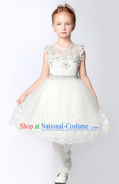 Children Model Show Dance Costume White Veil Short Dress, Ceremonial Occasions Catwalks Princess Full Dress for Girls