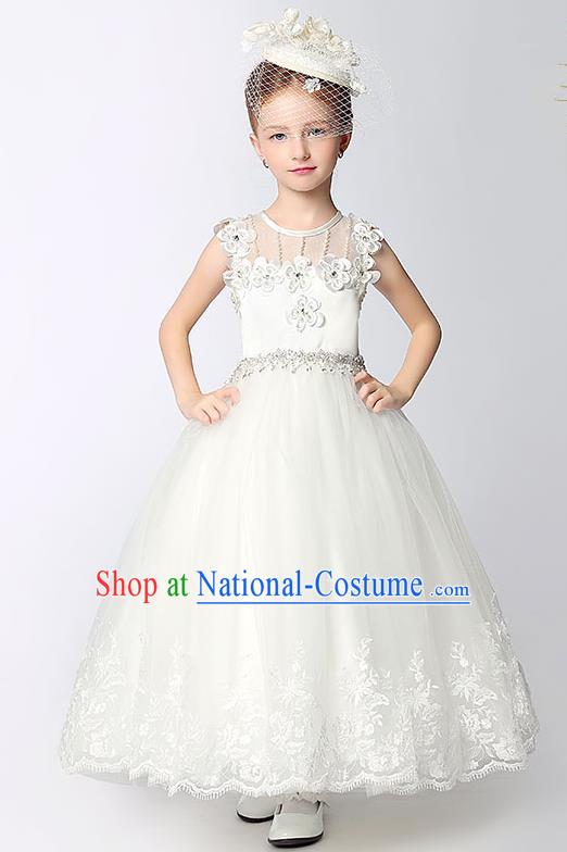 Children Model Show Dance Costume White Veil Long Dress, Ceremonial Occasions Catwalks Princess Full Dress for Girls