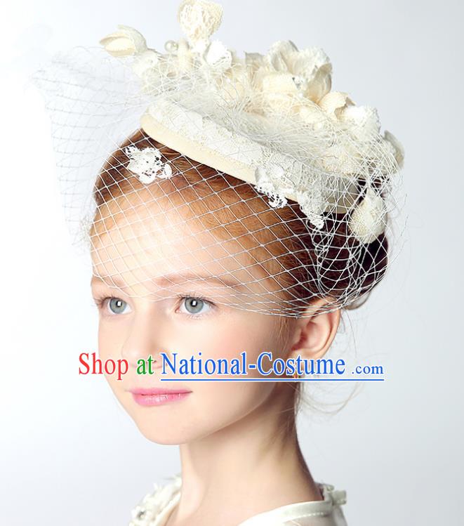 Handmade Children Hair Accessories White Lace Top Hat, Princess Halloween Model Show Headwear for Kids