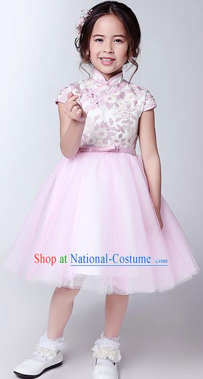 Children Model Show Dance Costume Pink Plated Buttons Cheongsam, Ceremonial Occasions Catwalks Princess Veil Dress for Girls