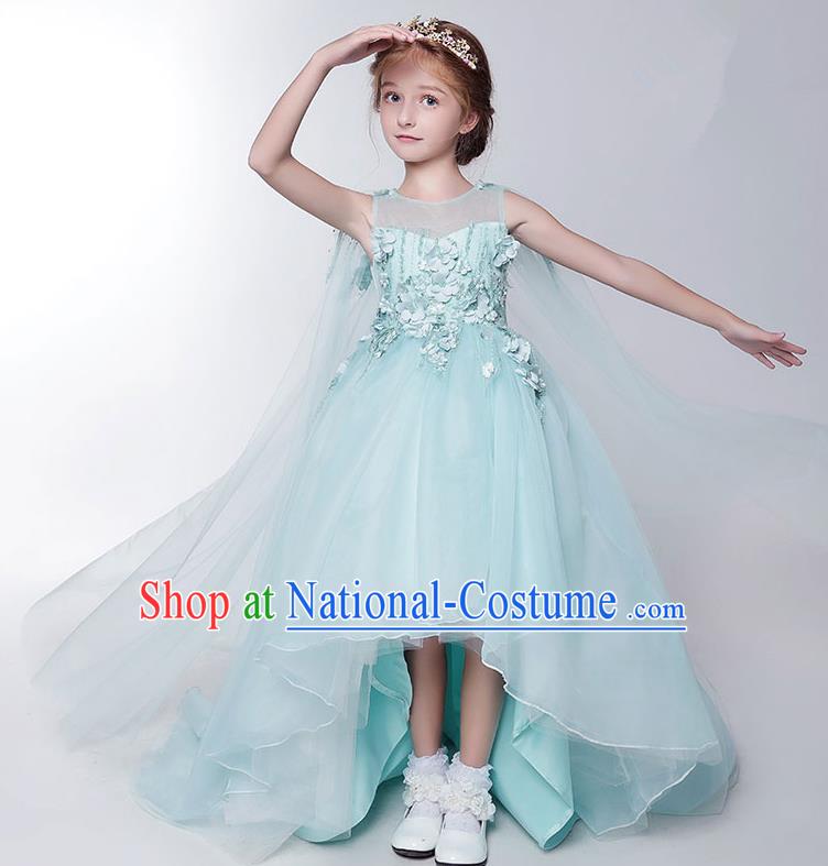 Children Model Show Dance Costume Green Veil Trailing Dress, Ceremonial Occasions Catwalks Princess Full Dress for Girls