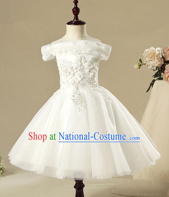 Children Model Show Dance Costume Off Shoulder White Dress, Ceremonial Occasions Catwalks Princess Full Dress for Girls