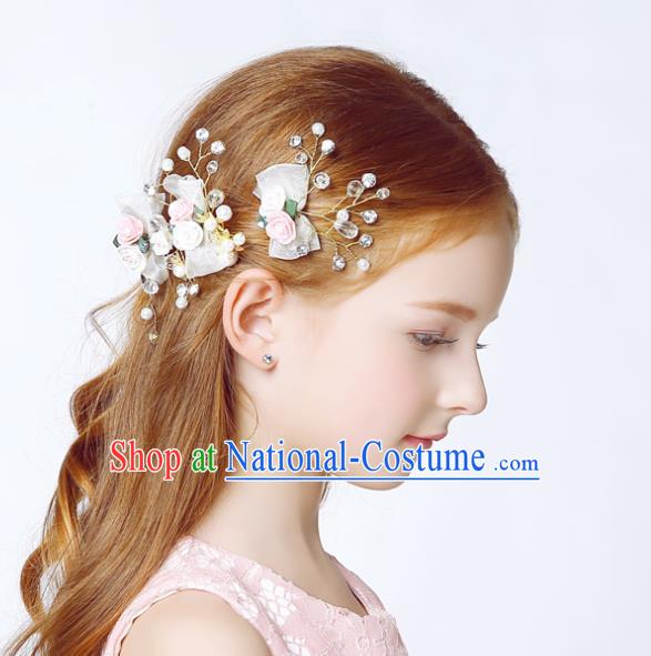 Handmade Children Hair Accessories White Flowers Bowknot Hair Clasp, Princess Halloween Model Show Headwear for Kids