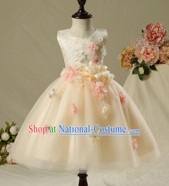 Children Model Show Dance Costume Champagne Veil Dress, Ceremonial Occasions Catwalks Princess Full Dress for Girls