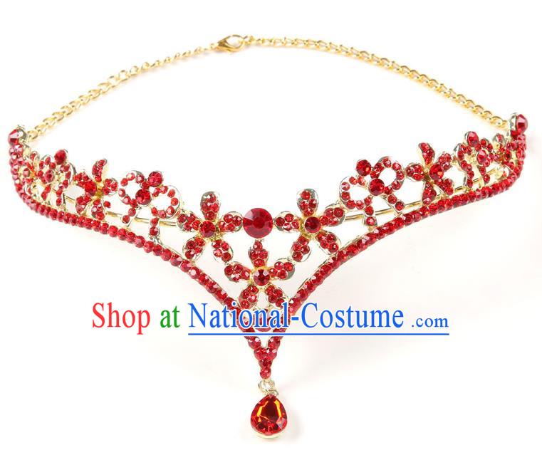 Handmade Children Hair Accessories Red Crystal Royal Crown Frontlet, Princess Halloween Model Show Hair Clasp Headwear for Kids