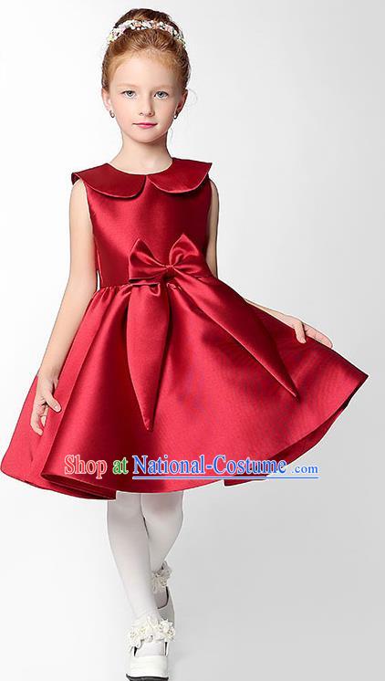 Children Model Show Dance Costume Red Satin Dress, Ceremonial Occasions Catwalks Princess Full Dress for Girls