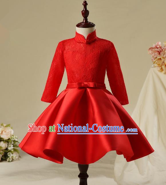 Children Model Show Dance Costume Red Lace Dress, Ceremonial Occasions Catwalks Princess Full Dress for Girls