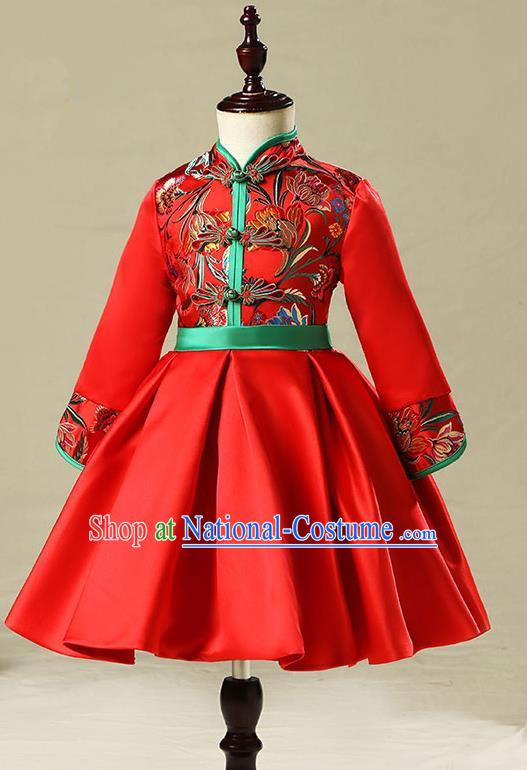 Children Model Show Dance Costume China Red Embroidered Cheongsam, Ceremonial Occasions Catwalks Princess Full Dress for Girls